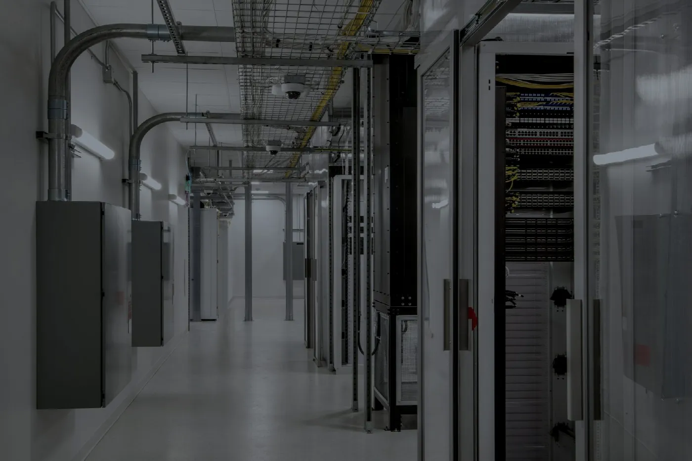Reihe verschlossener Serverschraenke in einem gesicherten Technikraum