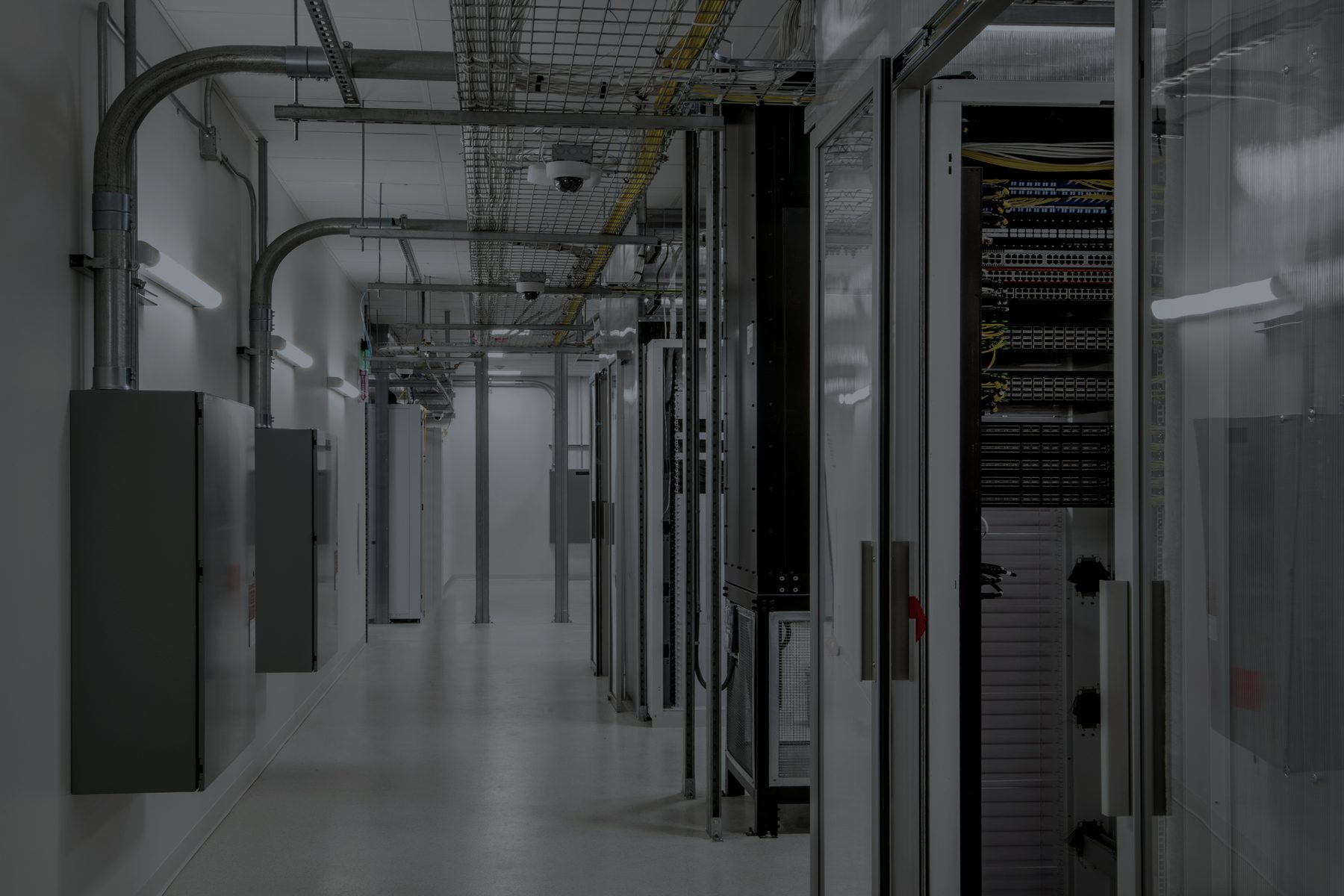 Reihe verschlossener Serverschraenke in einem gesicherten Technikraum